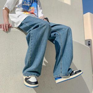 Vintage Men Jeans Wide Leg Denim Pant Loose Straight Baggy Trouser Casual Street